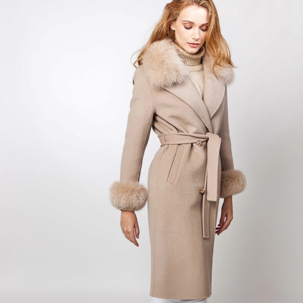 Elegant Tan Belted Coat with Fur Trim